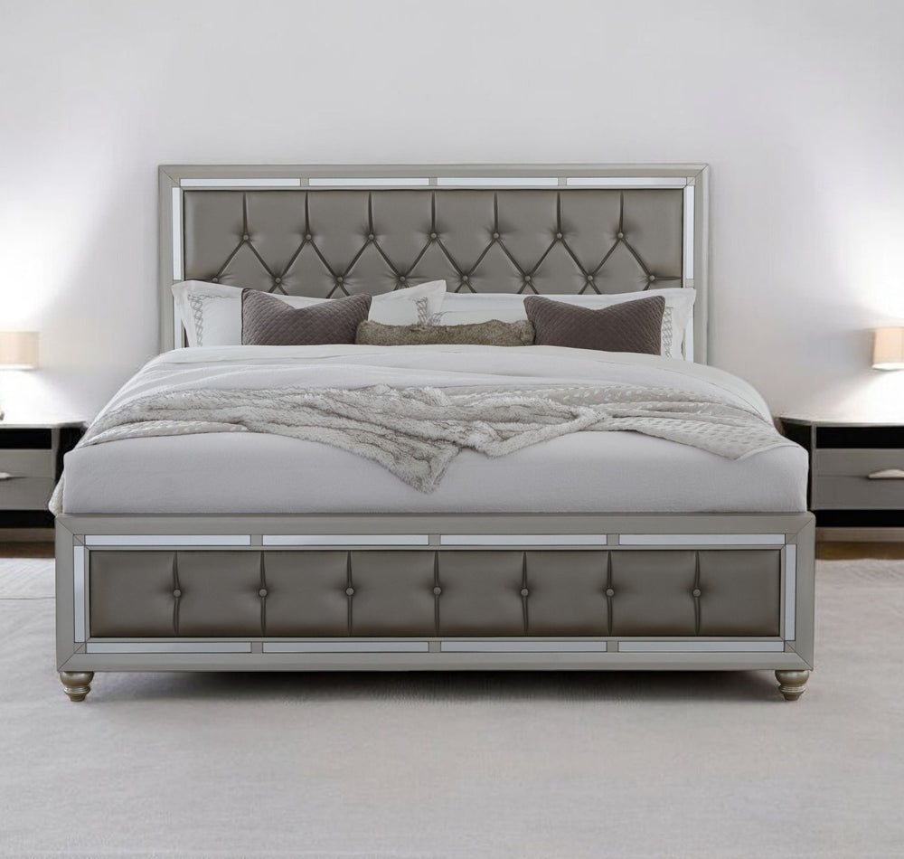 Homeroots Solid Wood Full Tufted Silver Upholstered Linenno Bed With Nailhead Trim  Wood 383835