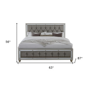 Homeroots Silver Champagne Tone Queen Bed  Padded Headboard  Padded Footboard  Mirror Trim Accents  Wood 383836