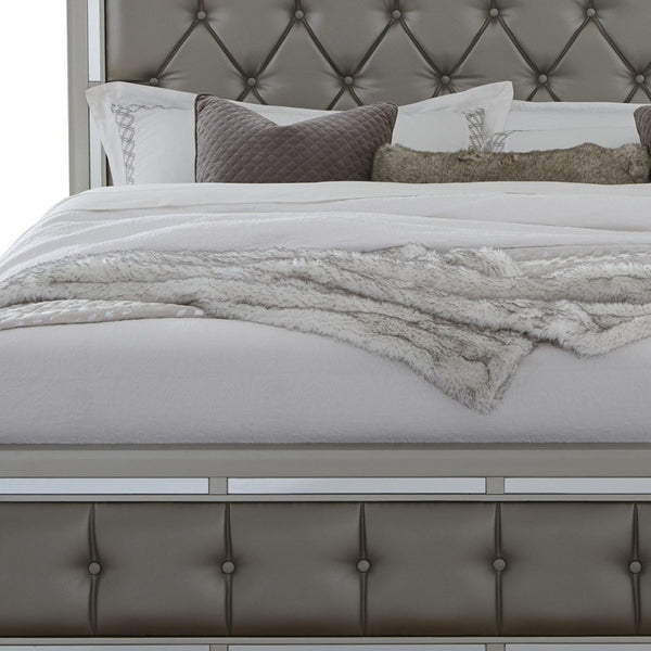 Homeroots Silver Champagne Tone Queen Bed  Padded Headboard  Padded Footboard  Mirror Trim Accents  Wood 383836