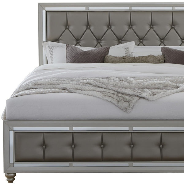 Homeroots Silver Champagne Tone Queen Bed  Padded Headboard  Padded Footboard  Mirror Trim Accents  Wood 383836