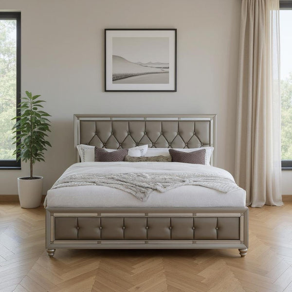 HomeRoots Silver Wood & Tufted Linen Queen Bed Frame with Elegant Nailhead Trim for a Luxe Bedroom Upgrade 383836