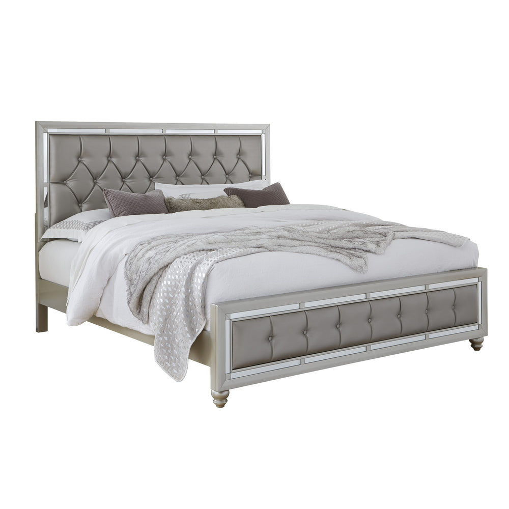 Homeroots Silver Champagne Tone King Bed  Padded Headboard  Padded Footboard  Mirror Trim Accents  Wood 383837