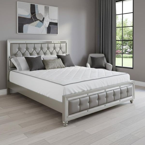 HomeRoots Silver Champagne King Bed with Padded Headboard & Footboard, Mirror Trim Accents for Luxury Style 383837