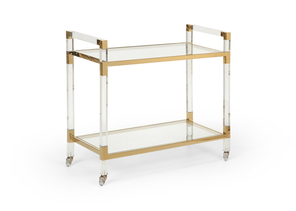 Chelsea House Acrylic Clear Bar Cart With Polished Brass Trim, Tempered Glass Shelves, Lightweight Stylish Entertaining 383848