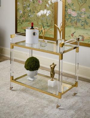 Chelsea House Acrylic Clear Bar Cart With Polished Brass Trim, Tempered Glass Shelves, Lightweight Stylish Entertaining 383848