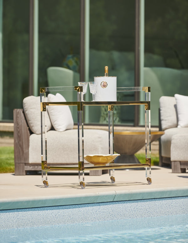 Chelsea House Acrylic Clear Bar Cart With Polished Brass Trim, Tempered Glass Shelves, Lightweight Stylish Entertaining 383848