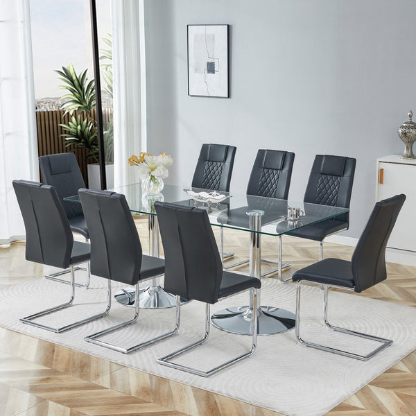 English Elm Table and Chair Set Tempered Glass Top Seats Eight with Pu Leather Dining Chairs Black,Silver,Transparent W1151S04549