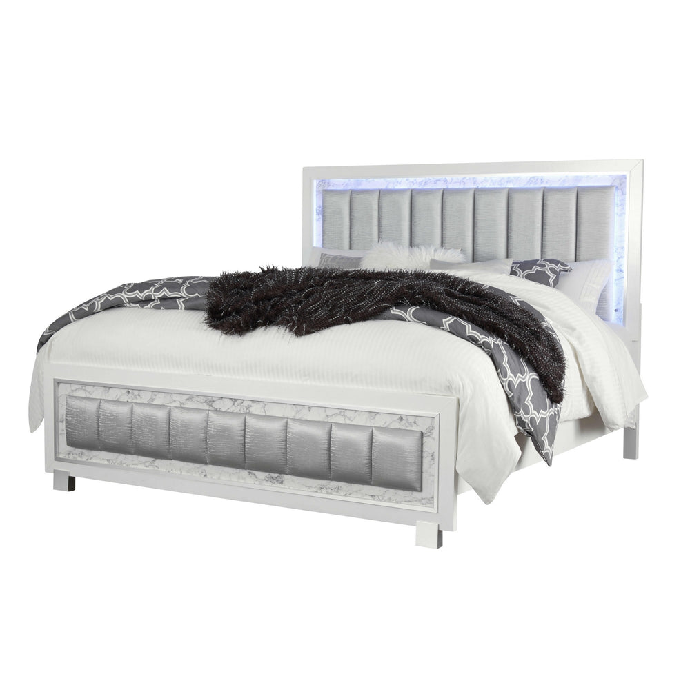 Homeroots Modern Luxurious White Full Bed With Padded Headboard  Led Lightning  Wood 383861