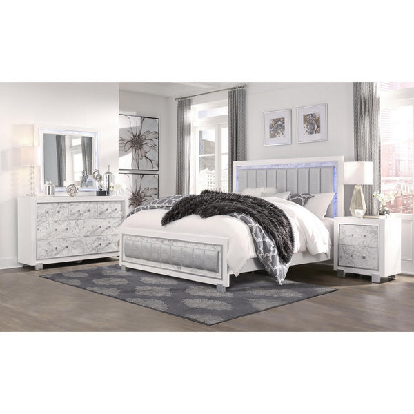 Homeroots Modern Luxurious White Full Bed With Padded Headboard  Led Lightning  Wood 383861