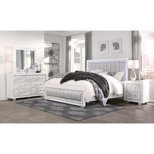 Homeroots Modern Luxurious White Queen Bed With Padded Headboard  Led Lightning  Wood 383862