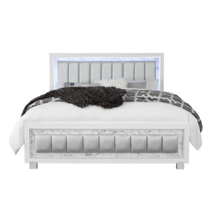 Homeroots Modern Luxurious White Queen Bed With Padded Headboard  Led Lightning  Wood 383862