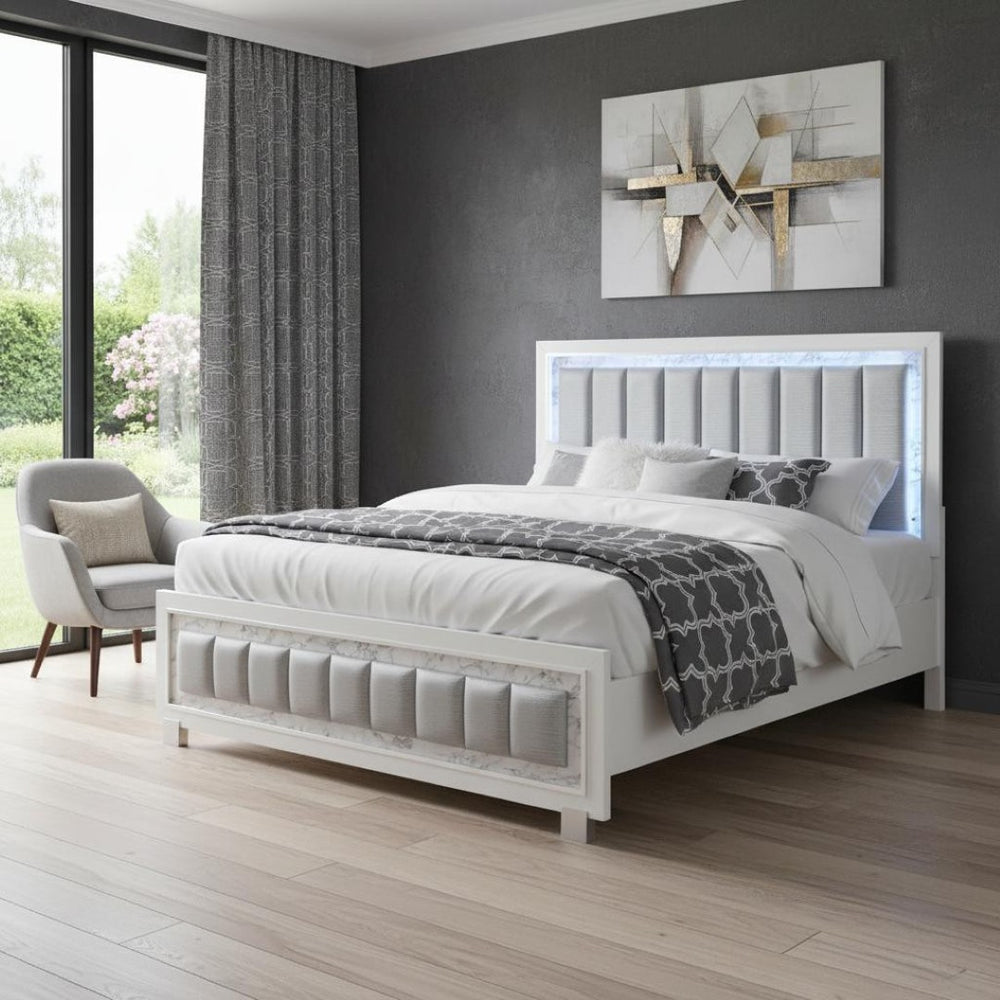 HomeRoots Modern Luxurious White Queen Bed with Padded Headboard & LED Lighting for Elegant Bedroom Design 383862