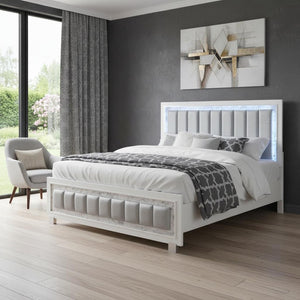 HomeRoots Modern Luxurious White Queen Bed with Padded Headboard & LED Lighting for Elegant Bedroom Design 383862