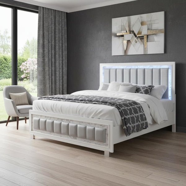 HomeRoots Modern Luxurious White Queen Bed with Padded Headboard & LED Lighting for Elegant Bedroom Design 383862