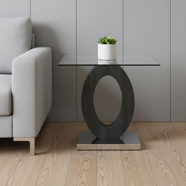 HomeRoots 20" Contemporary Oval End Table with Clear Glass Top and Sculpted Pedestal Base for Versatile Use 383880