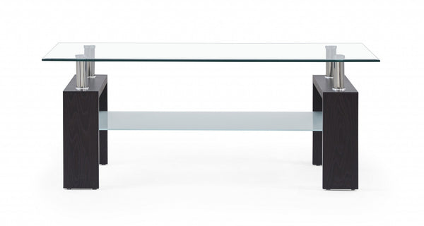 Homeroots 43" Clear And Dark Brown Glass Coffee Table With Shelf   383883