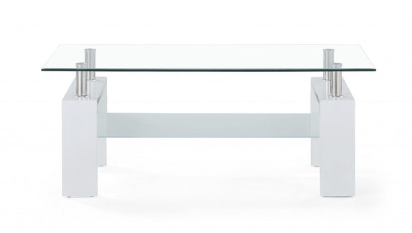 Homeroots 43" Clear And White Glass Coffee Table With Shelf   383885