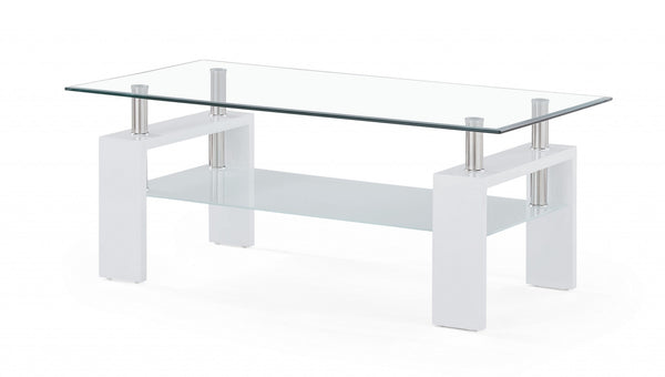 Homeroots 43" Clear And White Glass Coffee Table With Shelf   383885