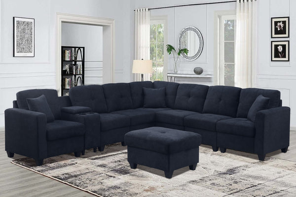 English Elm Sectional Velvet Sofa In Dark Blue - Luxurious, Durable Comfort With Cup Holders For Modern Living Spaces B205S00079-GIGA
