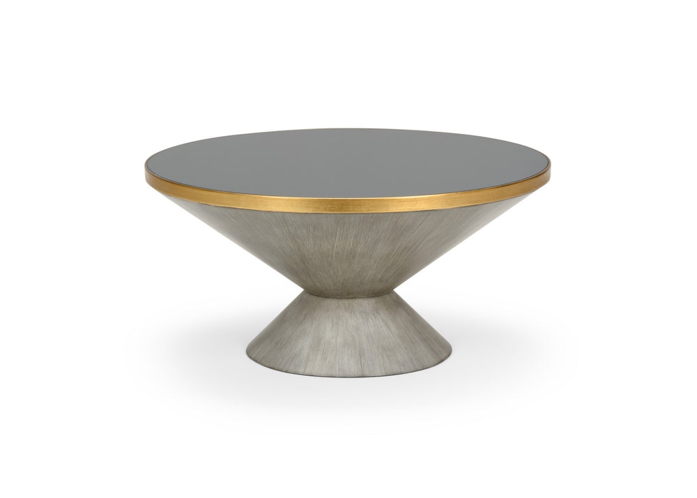 Chelsea House N. Vintage Gray-Wash Cocktail Table By Bradshaw Orrell — Dark Gray Tempered Glass, Antique Gold Trim, 34" 383925