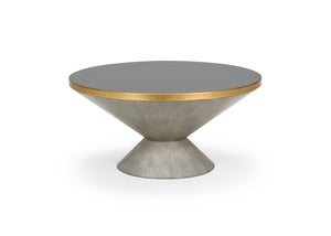 Chelsea House N. Vintage Gray-Wash Cocktail Table By Bradshaw Orrell — Dark Gray Tempered Glass, Antique Gold Trim, 34" 383925