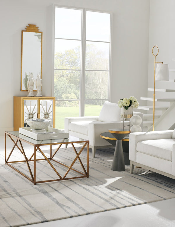 Chelsea House N. Vintage Gray-Wash Cocktail Table By Bradshaw Orrell — Dark Gray Tempered Glass, Antique Gold Trim, 34" 383925