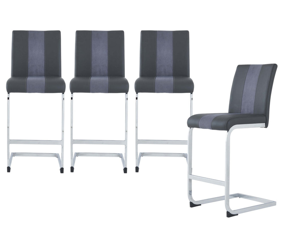HomeRoots Set of Four Stylish 26" Gray Faux Leather & Silver Metal Bar Chairs for Modern Dining Spaces 383949