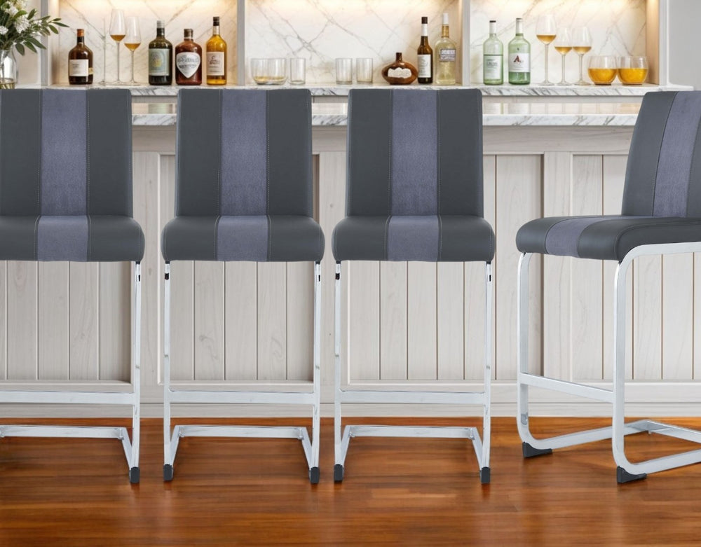 HomeRoots Set of Four Stylish 26" Gray Faux Leather & Silver Metal Bar Chairs for Modern Dining Spaces 383949
