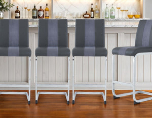 HomeRoots Set of Four Stylish 26" Gray Faux Leather & Silver Metal Bar Chairs for Modern Dining Spaces 383949