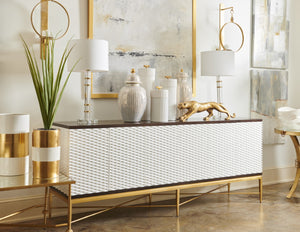 Chelsea House James Sideboard Walnut Veneer With Textured White Woven Doors, Antique Gold Accents & Touch-Open Storage 383955