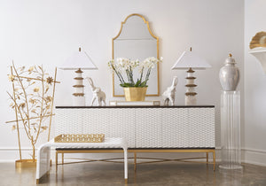 Chelsea House James Sideboard Walnut Veneer With Textured White Woven Doors, Antique Gold Accents & Touch-Open Storage 383955