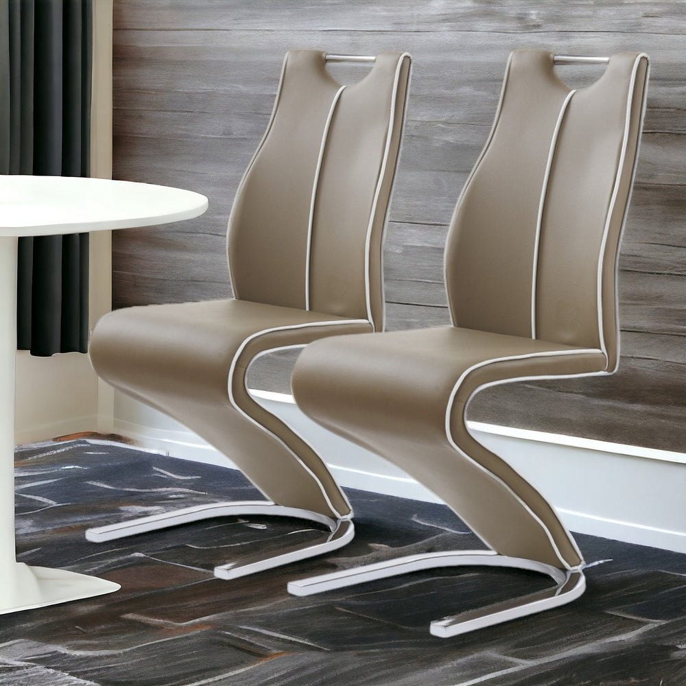 Homeroots Set Of Two Brown And Silver Upholstered Faux Leather Dining Parsons Chairs  Wood 383957