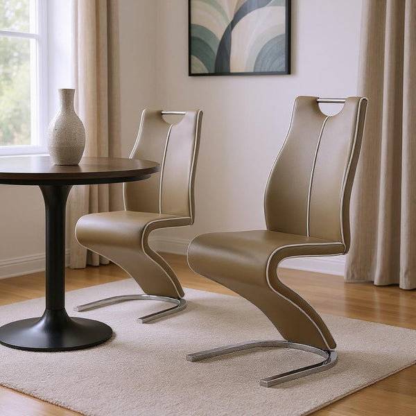 HomeRoots Set of Two Contemporary Brown Faux Leather Dining Chairs with Stylish Silver Base for Versatile Use 383957