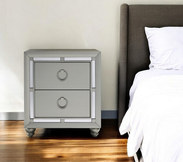 HomeRoots 28" Glamorous Mirrored Glass Nightstand with Solid Wood Construction for Chic Storage & Style 383983