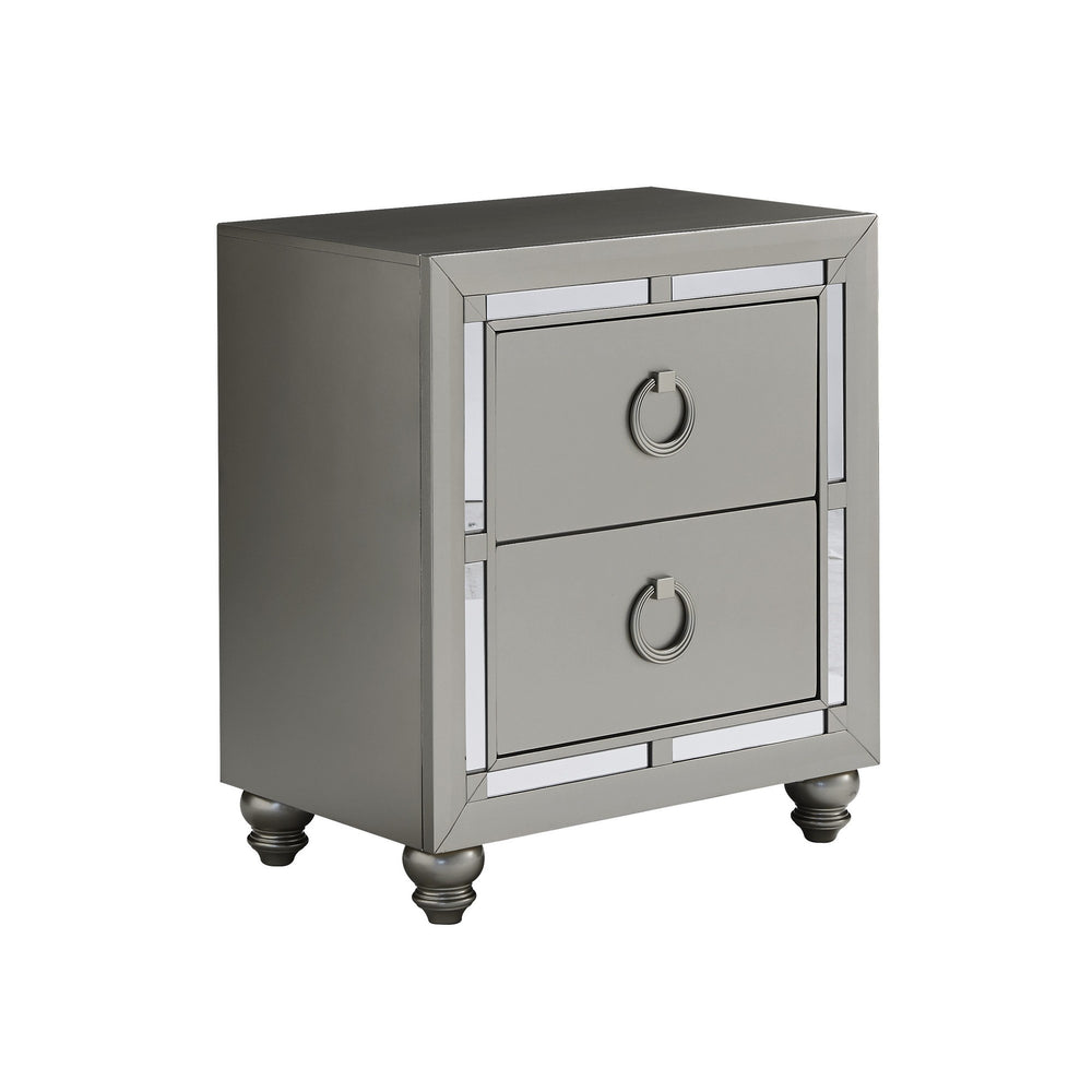 Homeroots Silver Champagne Tone Nightstand With 2 Drawer  Mirror Trim Accent   383983