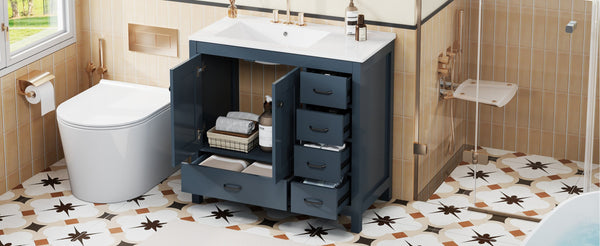 English Elm 36" Blue Bathroom Vanity with Ceramic Sink, 5 Drawers & Soft-Close Doors, Solid Wood Modern Storage N729P183735C