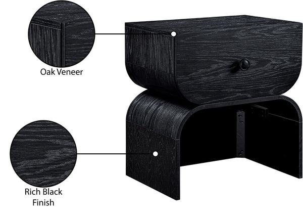 Meridian Furniture Jace Art Deco Oak Veneer Nightstand with Open Shelf and Drawer for Modern Bedroom Storage Black 383Black-NS