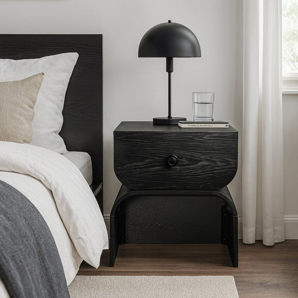 Meridian Furniture Jace Art Deco Oak Veneer Nightstand with Open Shelf and Drawer for Modern Bedroom Storage Black 383Black-NS