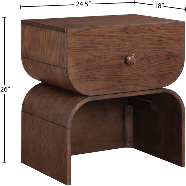 Meridian Furniture Jace Art Deco Oak Veneer Nightstand with Open Shelf and Drawer for Modern Bedroom Storage Brown 383Brown-NS