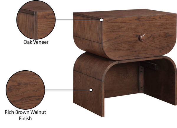 Meridian Furniture Jace Art Deco Oak Veneer Nightstand with Open Shelf and Drawer for Modern Bedroom Storage Brown 383Brown-NS