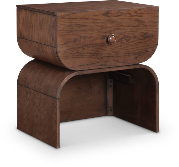 Meridian Furniture Jace Art Deco Oak Veneer Nightstand with Open Shelf and Drawer for Modern Bedroom Storage Brown 383Brown-NS