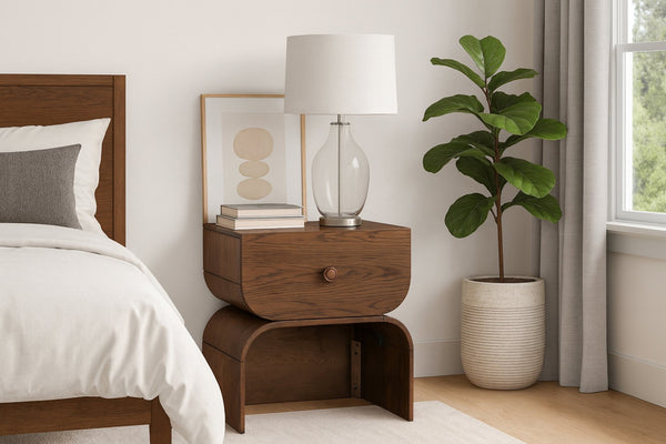 Meridian Furniture Jace Art Deco Oak Veneer Nightstand with Open Shelf and Drawer for Modern Bedroom Storage Brown 383Brown-NS