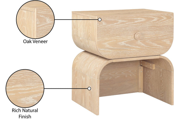 Meridian Furniture Jace Art Deco Oak Veneer Nightstand with Open Shelf and Drawer for Modern Bedroom Storage Natural 383Natural-NS