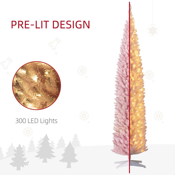 English Elm Homcom 8' Tall Slim Pink Noble Fir Christmas Tree With 300 Led Lights - Elegant Holiday Decor! W2225P249658