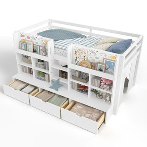English Elm Full Bunk Bed with Trundle Bookshelf Storage Pine Frame Car Design for Kids W1580S00397