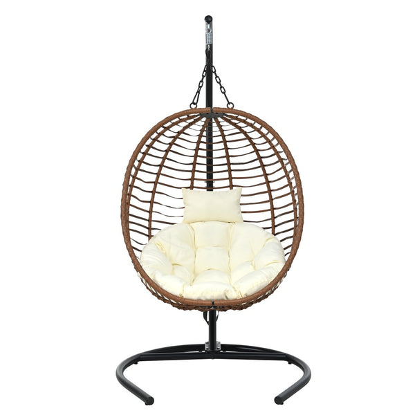 English Elm U_style Wicker Hanging Egg Chair with Stand Foldable Indoor Outdoor Swing Seat Brown+Beige N711P389503K