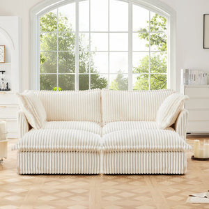 English Elm Slipcovered 2-Seater Sofa With 2 Ottomans | Cozy Corduroy Cream Sleeper For Living Room Comfort W3041S00137-GIGA