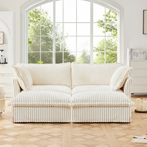 English Elm Slipcovered 2-Seater Sofa With 2 Ottomans | Cozy Corduroy Cream Sleeper For Living Room Comfort W3041S00137-GIGA