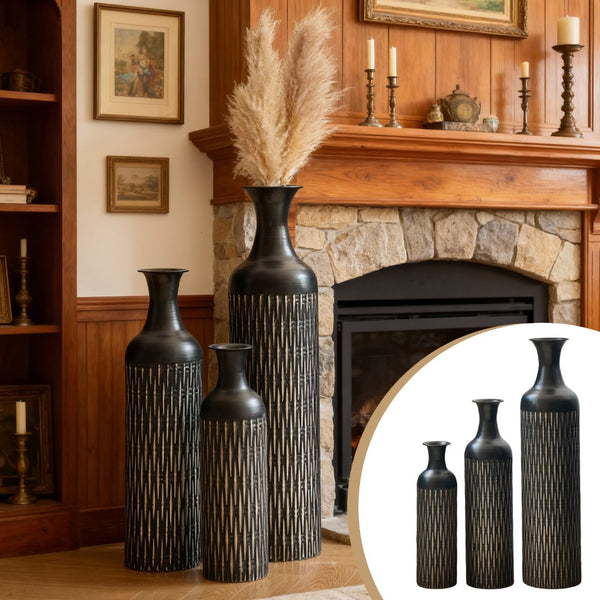 English Elm Decorative Matte Black Metal Floor Vase Trio Embossed Texture for Modern Living Spaces W2796P386870