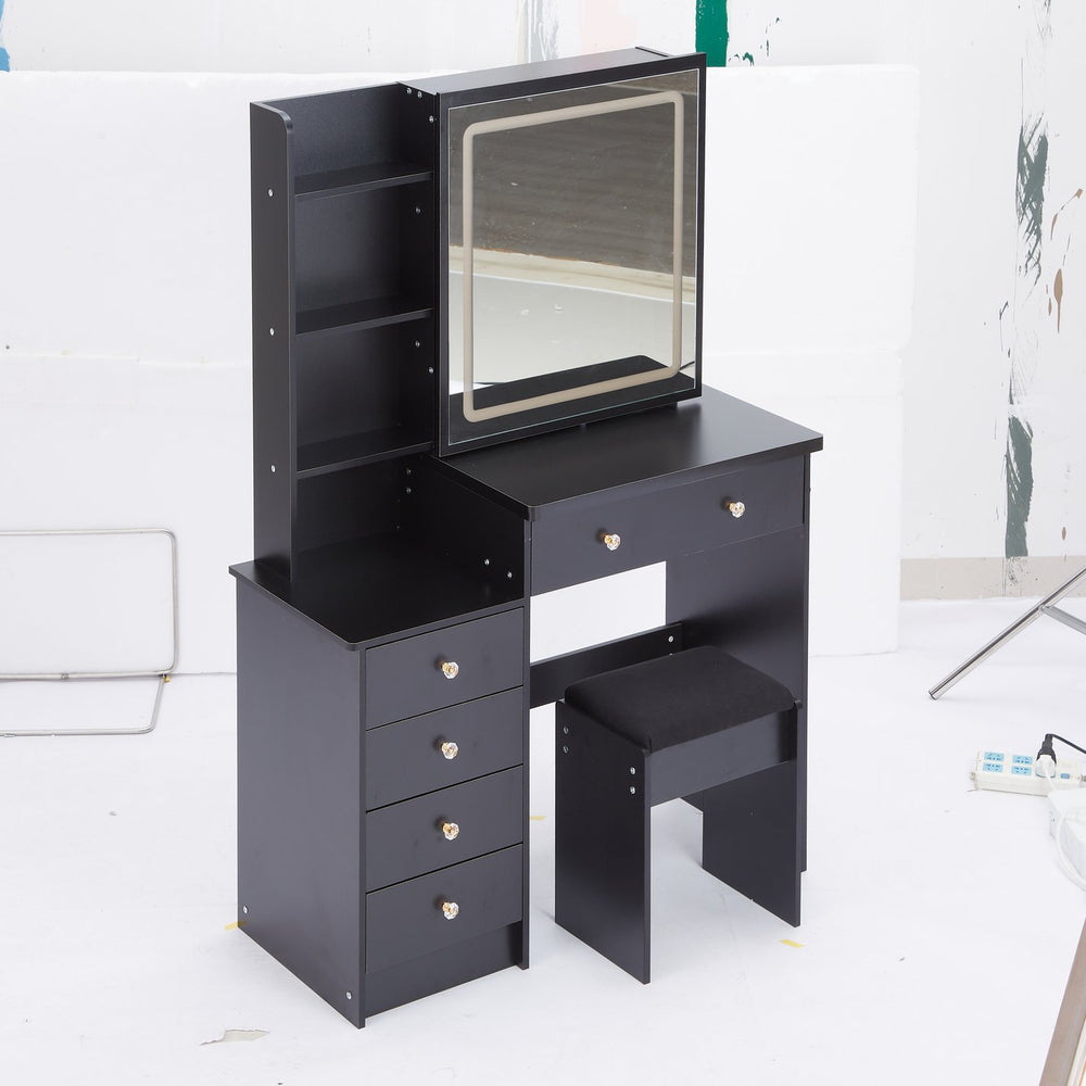 English Elm 37" Sleek Middle Size Vanity Set With Tri-Color Led Mirror, Sliding Storage & Cushioned Stool W3258P293191